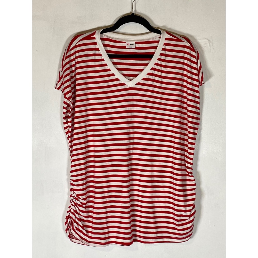 WIHOLL XXL Red White Striped Dolman Sleeve Ruched V Neck Tee Top Casual